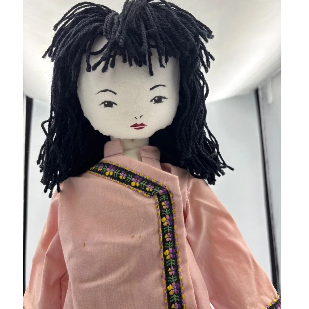 Vintage Cloth Doll Asian Style Pink Outfit Black‎ Yarn Hair prewned GUC 1970s
